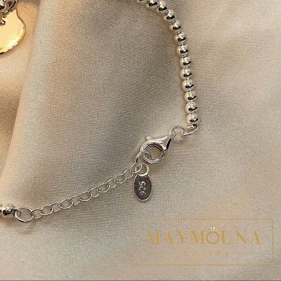 925 Sterling Silver Beaded Heart Tag Bracelet - Picture 5 of 7